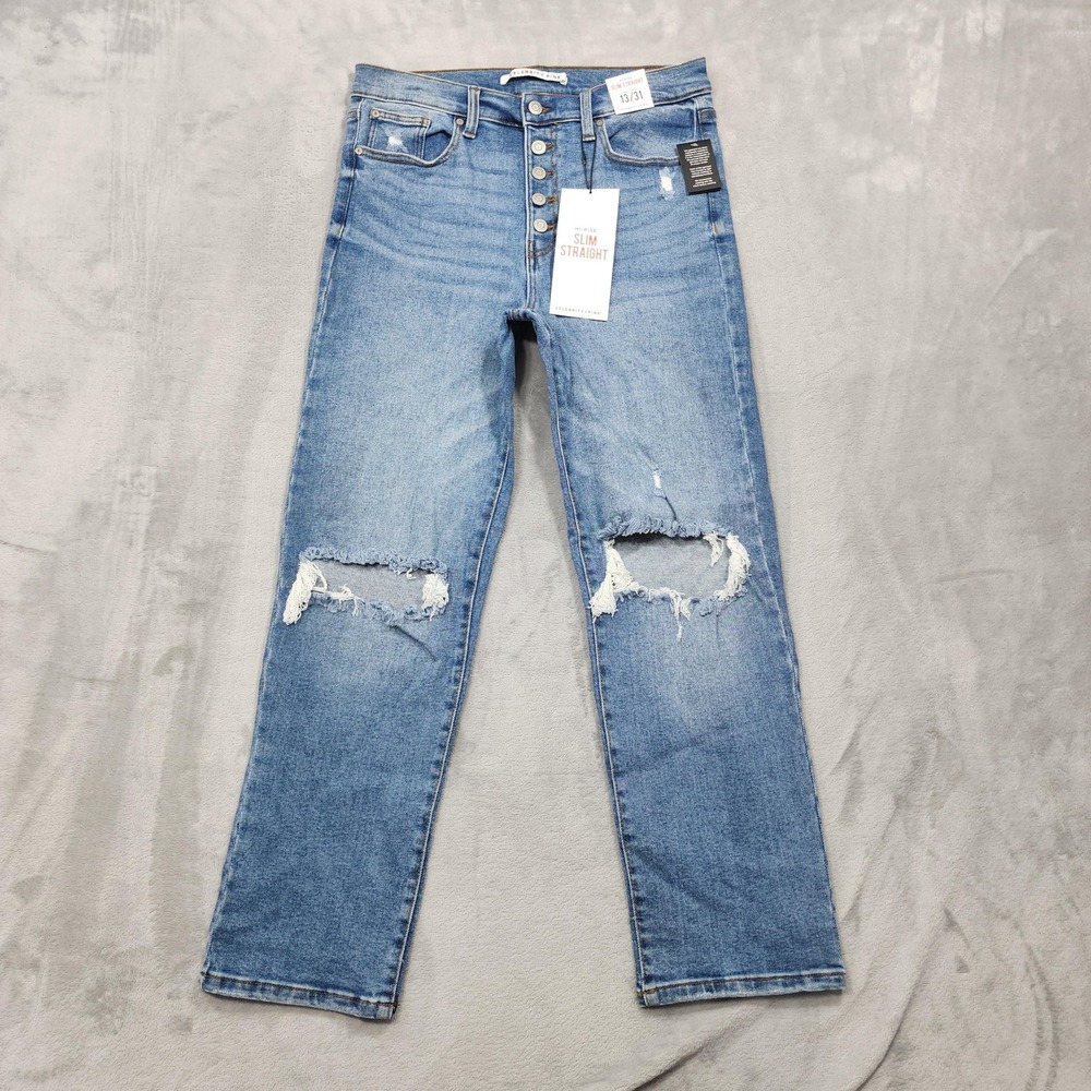NEW Celebrity Pink Jeans Womens 13/31 Blue High Rise Slim Straight Distressed